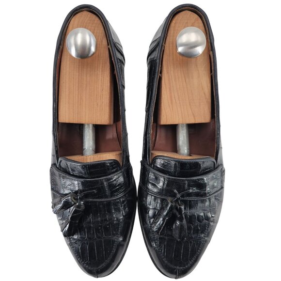 Vintage Belvedere Exotic Full Crocodile Black Dress Shoes Men 8.5 Tassel Loafer - Picture 9 of 12